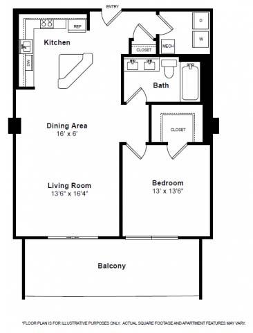Floor plan for 1 bed, 1 bath, 1089 sqft