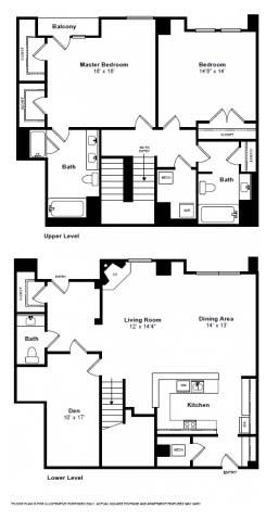 Floor plan for 2 beds, 3 baths, 2108 sqft