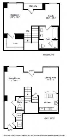 Floor plan for 1 bed, 1.5 baths, 1196 sqft