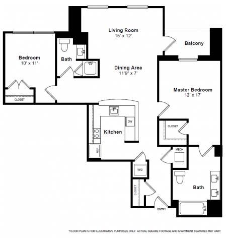 Floor plan for 2 beds, 2 baths, 1074 sqft