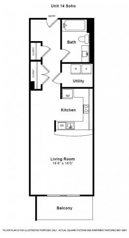 Floor plan for studio, 1 bath, 652 sqft