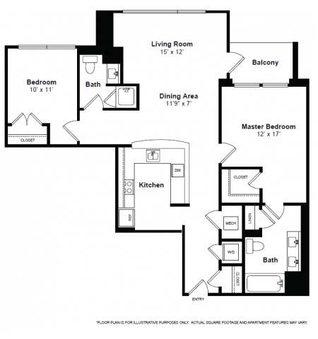 Floor plan for 2 beds, 2 baths, 1083 sqft