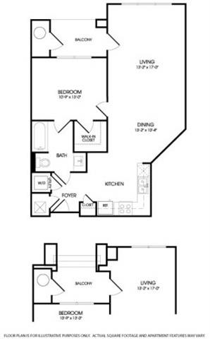 Floor plan for 1 bed, 1 bath, 854 sqft