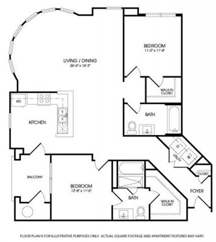 Floor plan for 2 beds, 2 baths, 1390 sqft