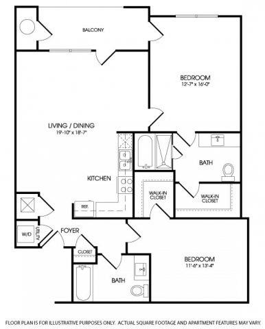 Floor plan for 2 beds, 2 baths, 1221 sqft