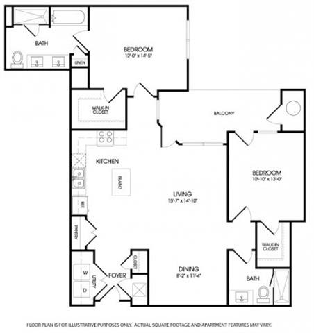 Floor plan for 2 beds, 2 baths, 1310 sqft