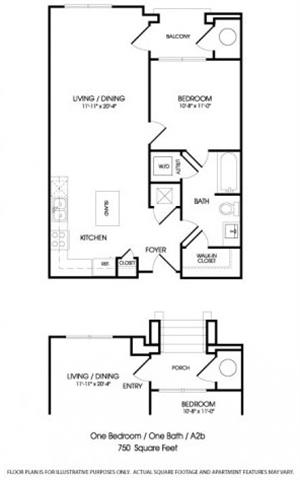 Floor plan for 1 bed, 1 bath, 750 sqft
