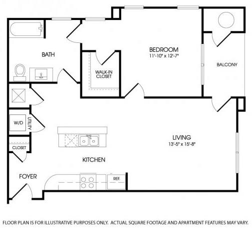Floor plan for 1 bed, 1 bath, 883 sqft