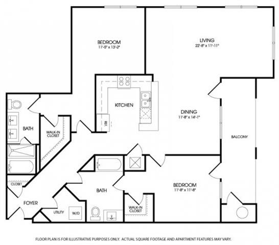 Floor plan for 2 beds, 2 baths, 1495 sqft