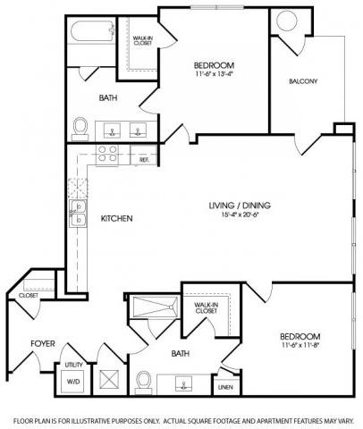 Floor plan for 2 beds, 2 baths, 1280 sqft