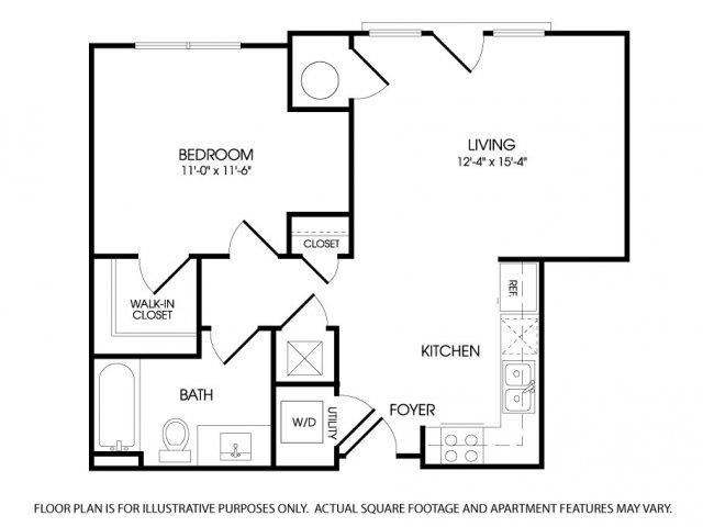 Floor plan for 1 bed, 1 bath, 704 sqft