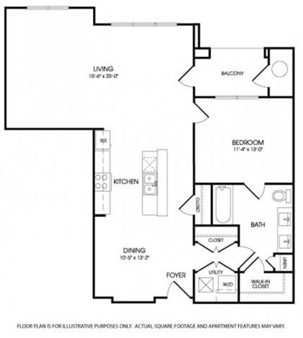 Floor plan for 1 bed, 1 bath, 1118 sqft