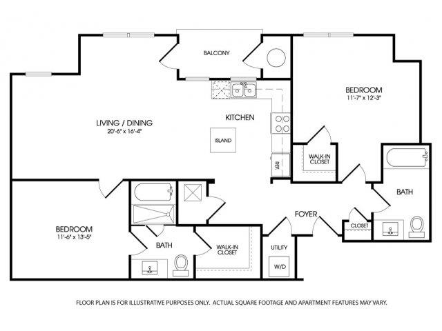 Floor plan for 2 beds, 2 baths, 1256 sqft
