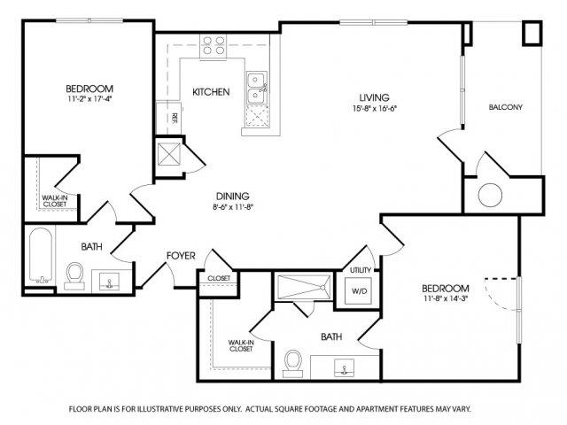 Floor plan for 2 beds, 2 baths, 1231 sqft