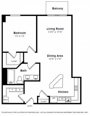 Floor plan for 1 bed, 1 bath, 1005 sqft