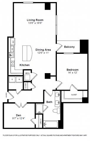 Floor plan for 1 bed, 1 bath, 1096 sqft