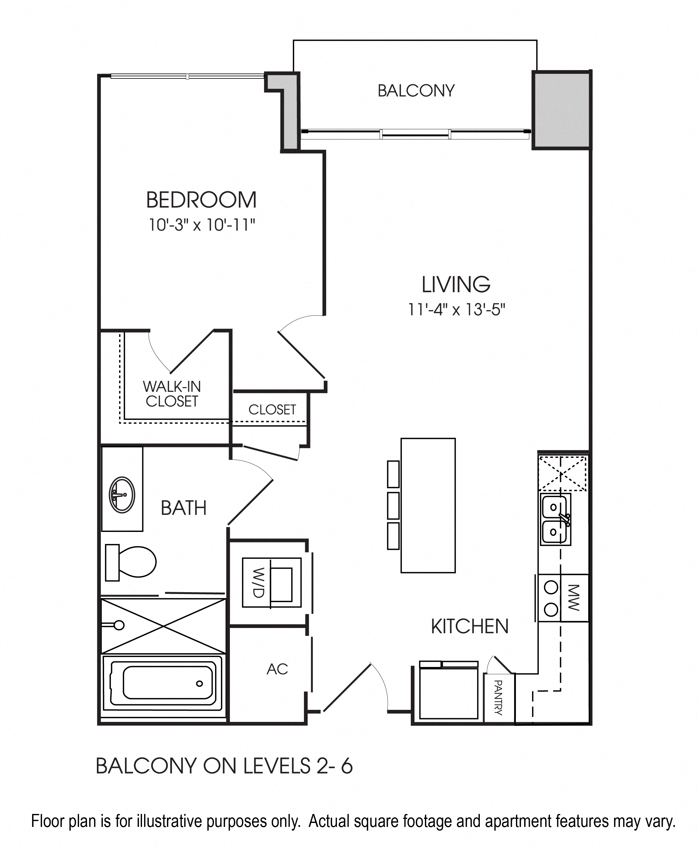 Floor plan for 1 bed, 1 bath, 672 sqft
