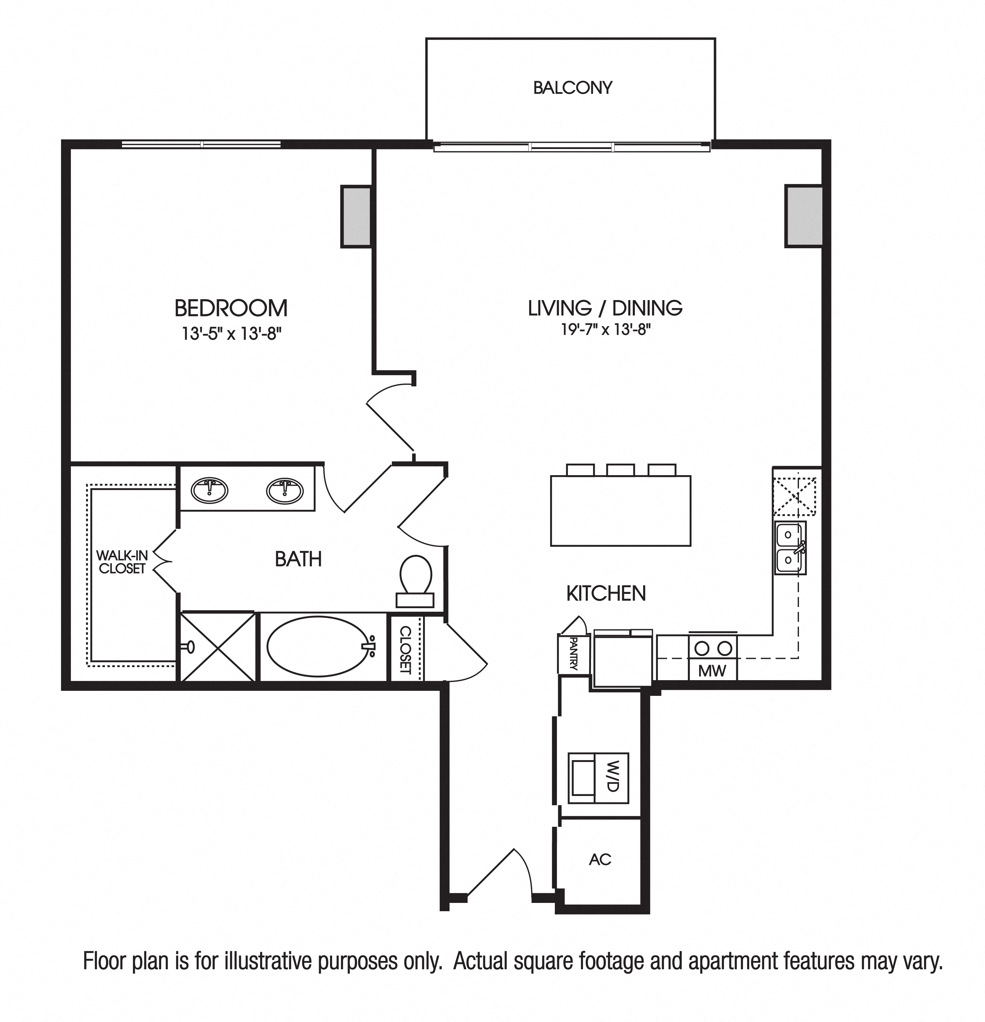 Floor plan for 1 bed, 1 bath, 954 sqft