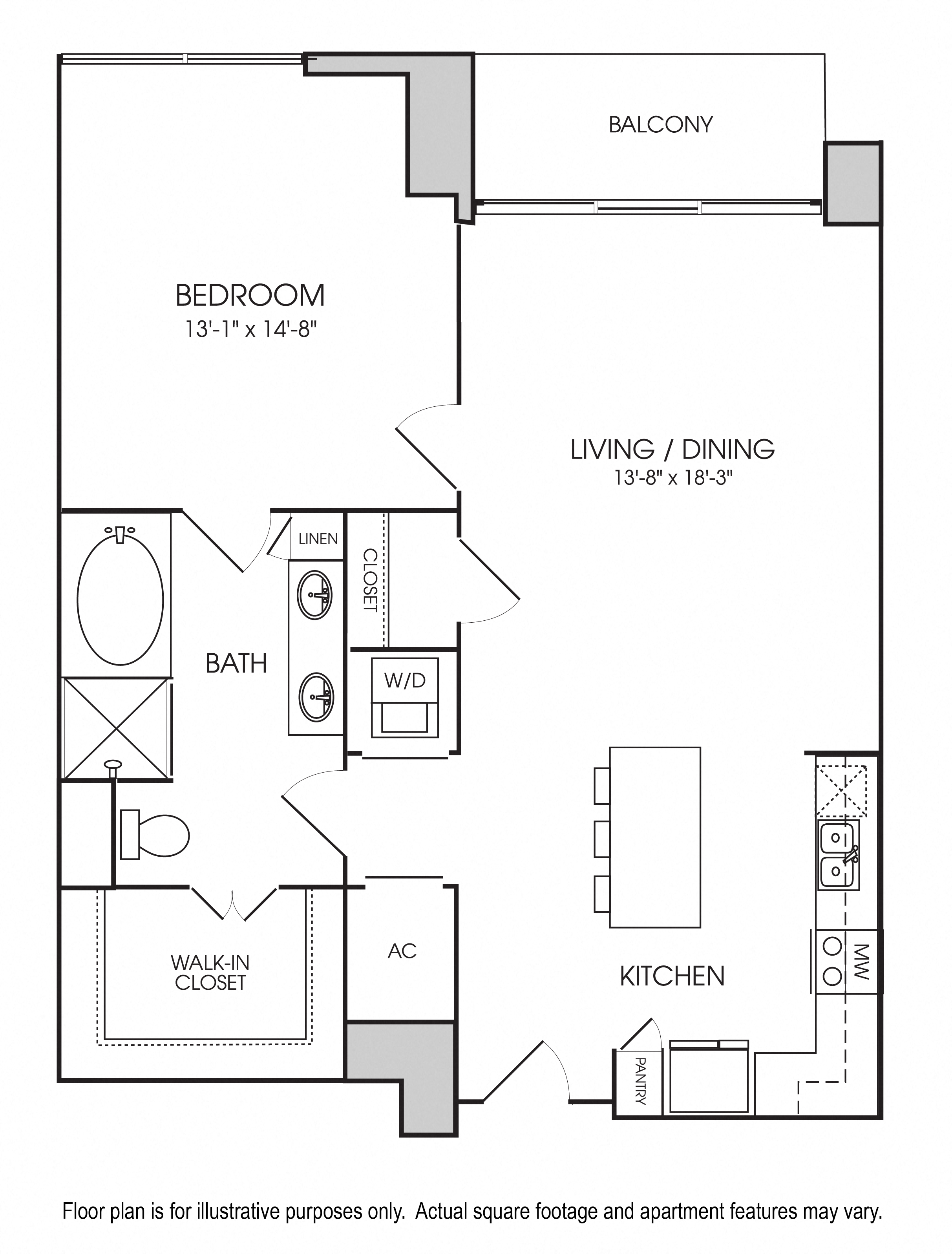 Floor plan for 1 bed, 1 bath, 935 sqft