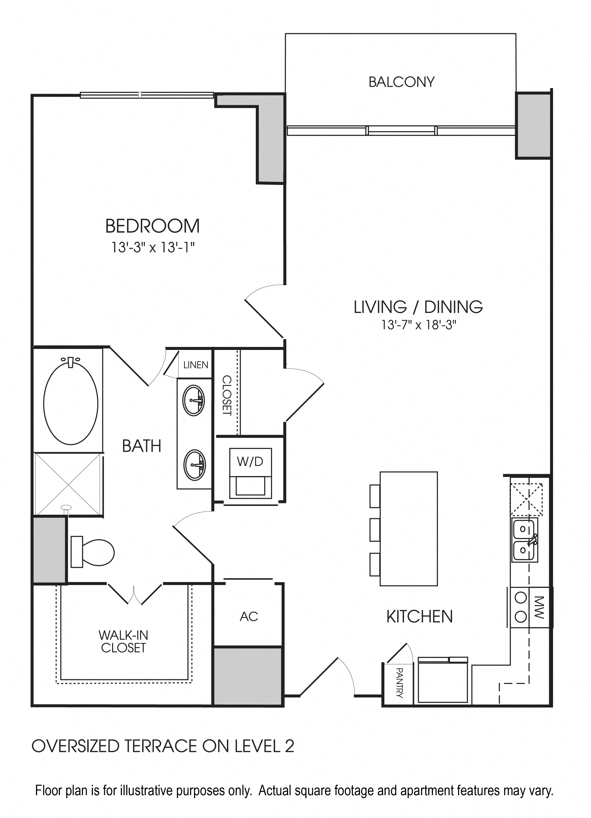 Floor plan for 1 bed, 1 bath, 935 sqft