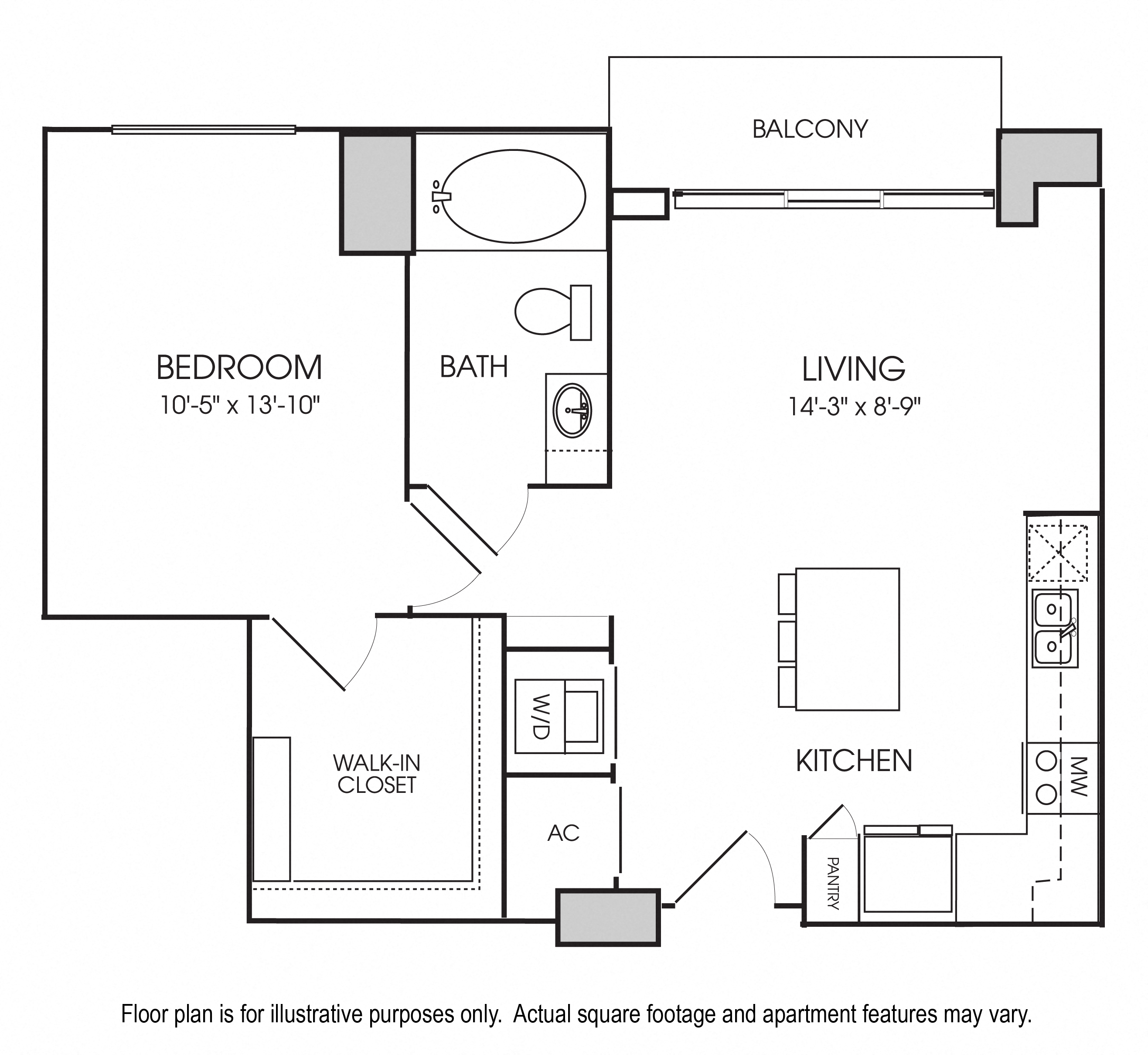 Floor plan for 1 bed, 1 bath, 731 sqft
