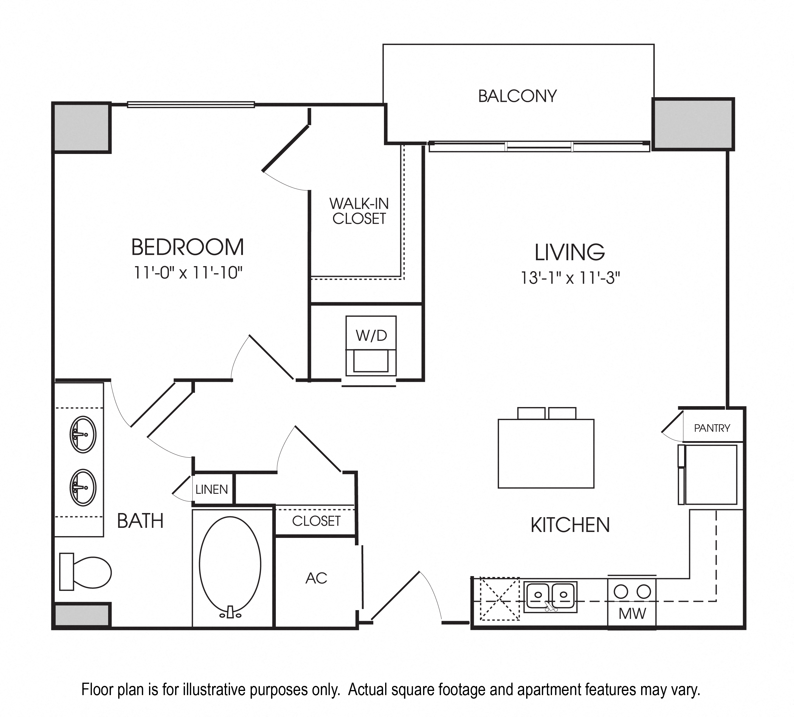Floor plan for 1 bed, 1 bath, 768 sqft