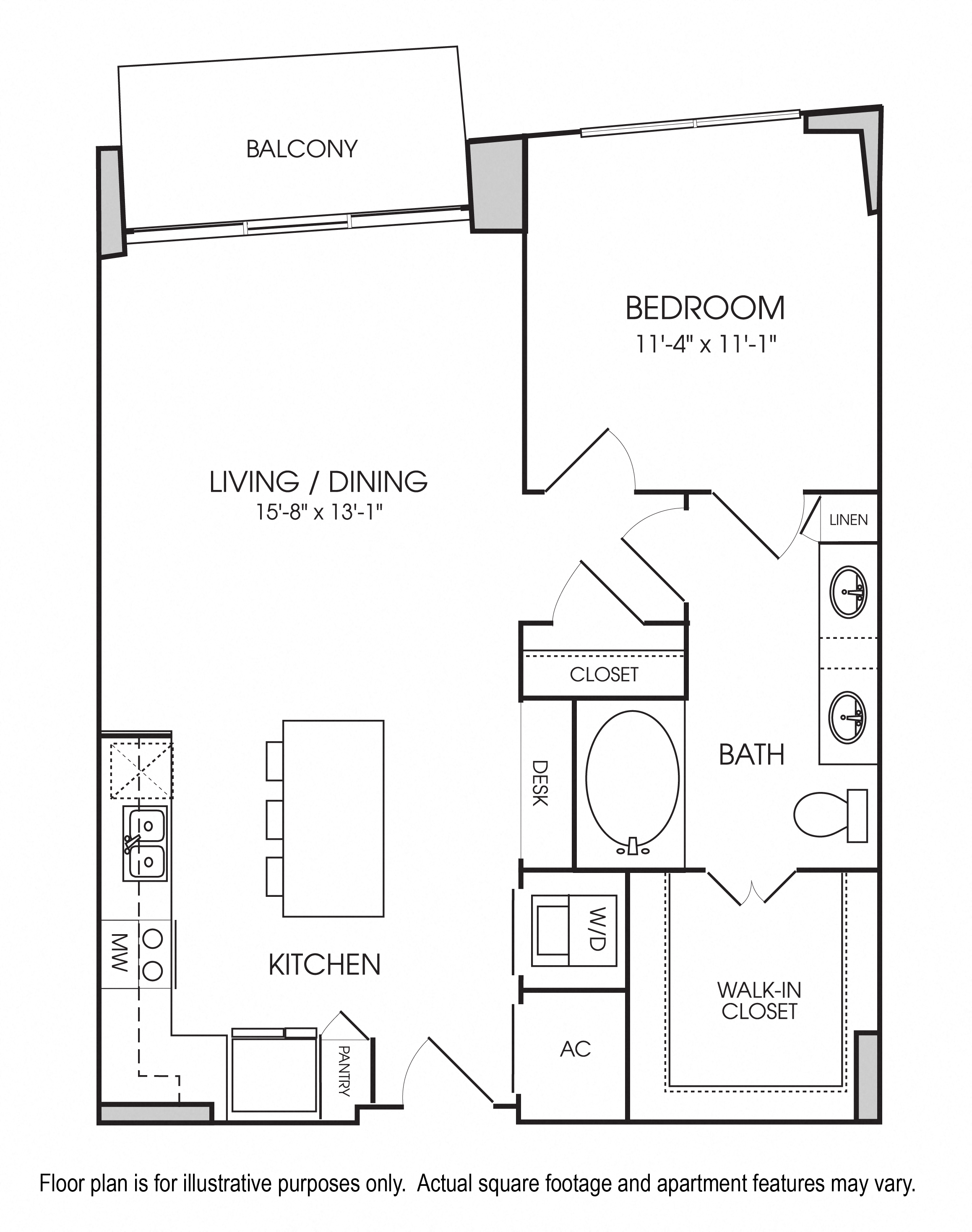 Floor plan for 1 bed, 1 bath, 793 sqft