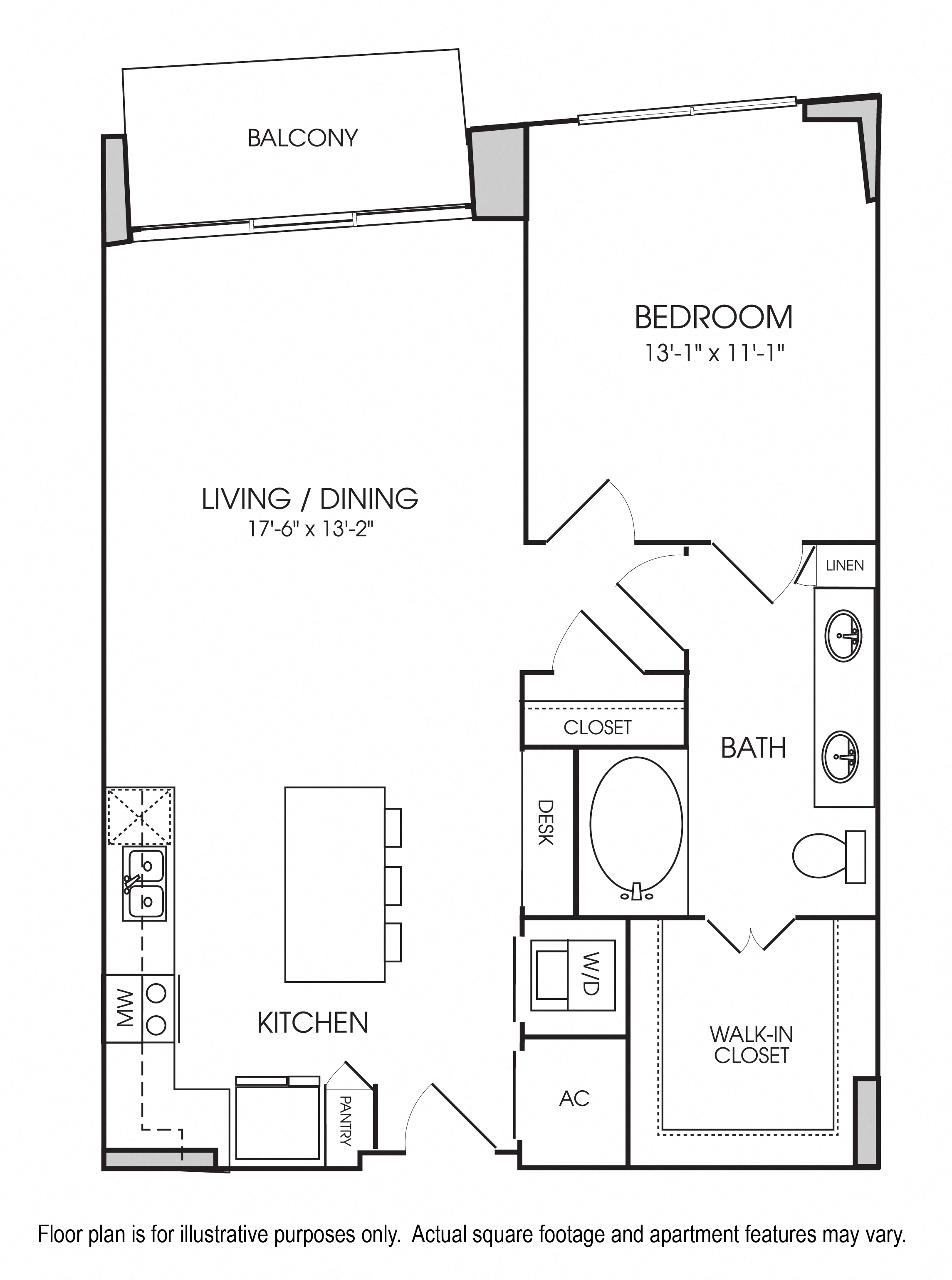 Floor plan for 1 bed, 1 bath, 845 sqft
