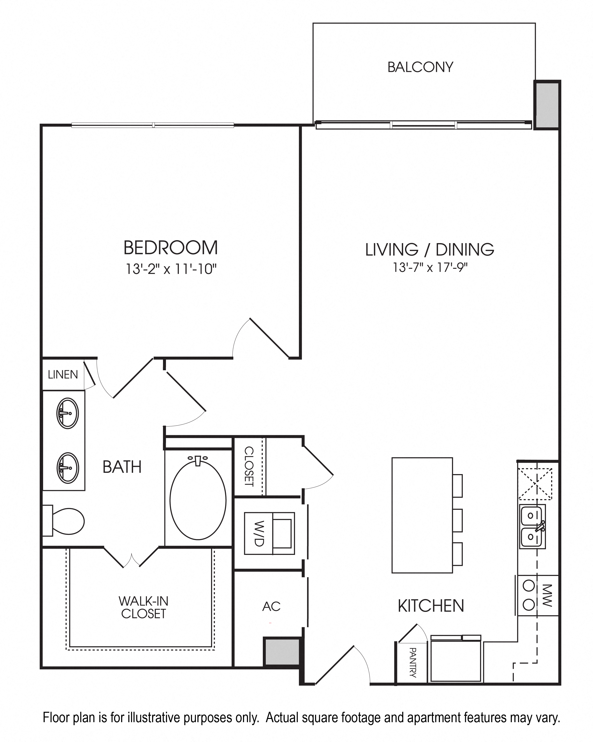 Floor plan for 1 bed, 1 bath, 881 sqft