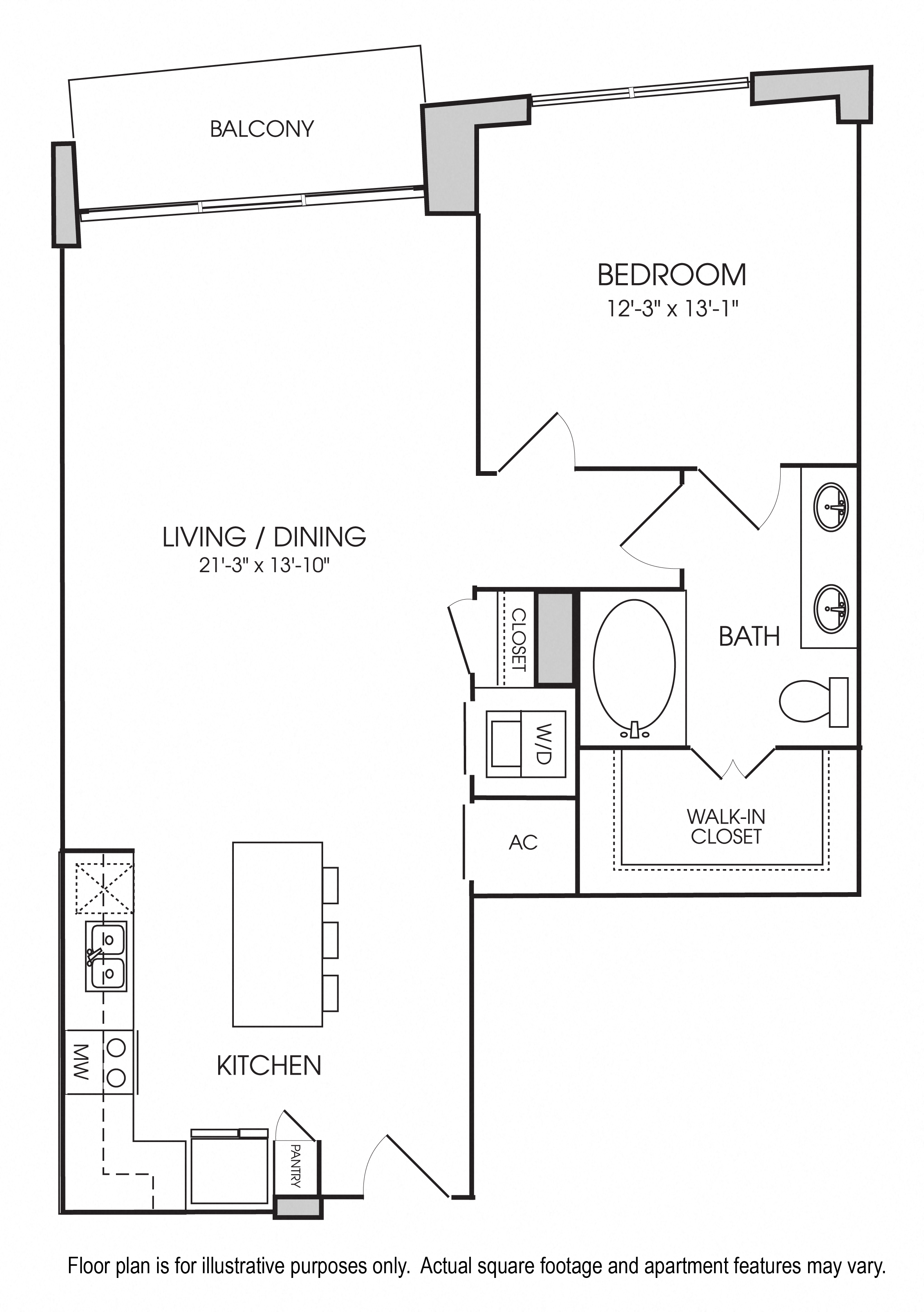 Floor plan for 1 bed, 1 bath, 895 sqft