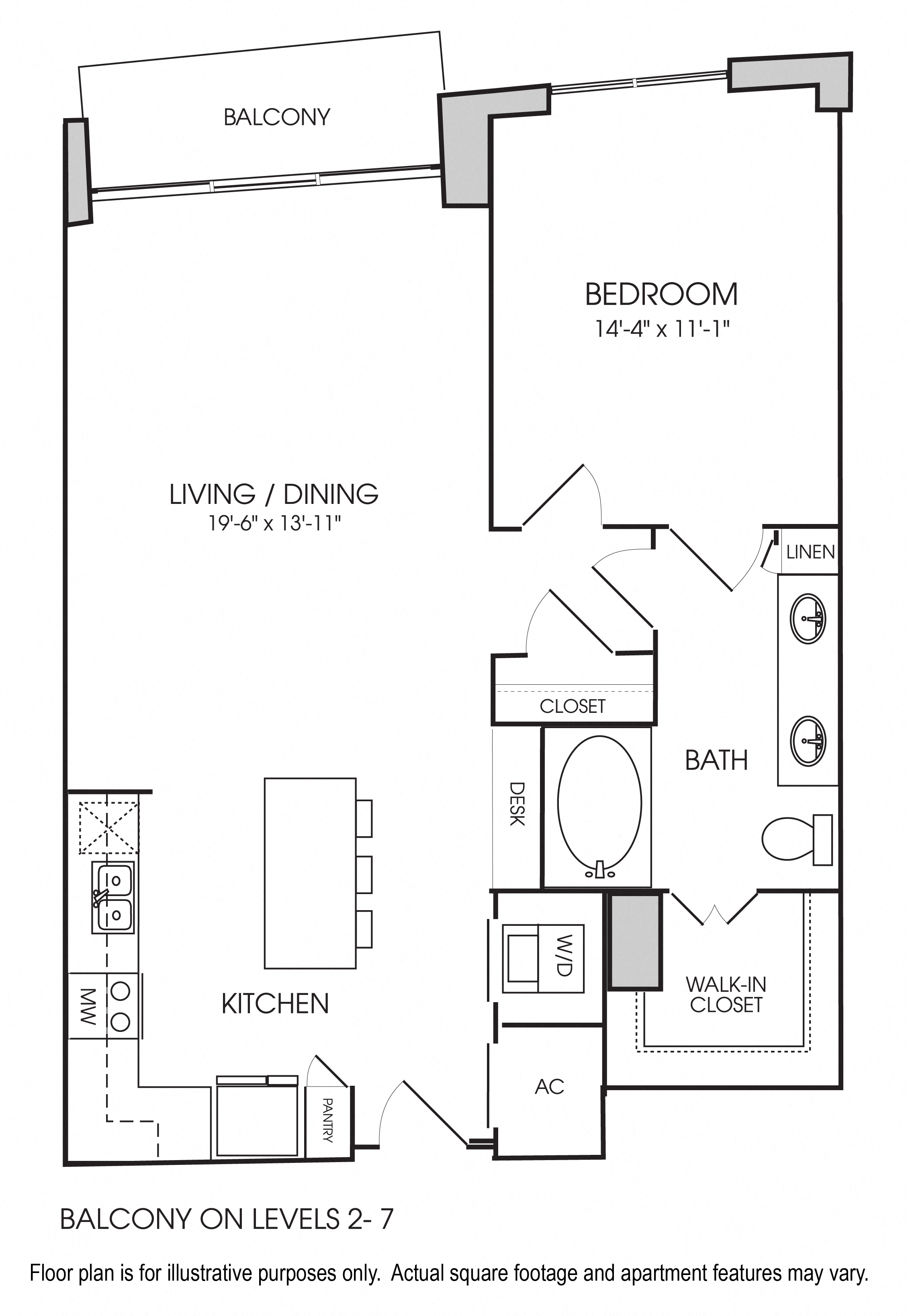 Floor plan for 1 bed, 1 bath, 902 sqft