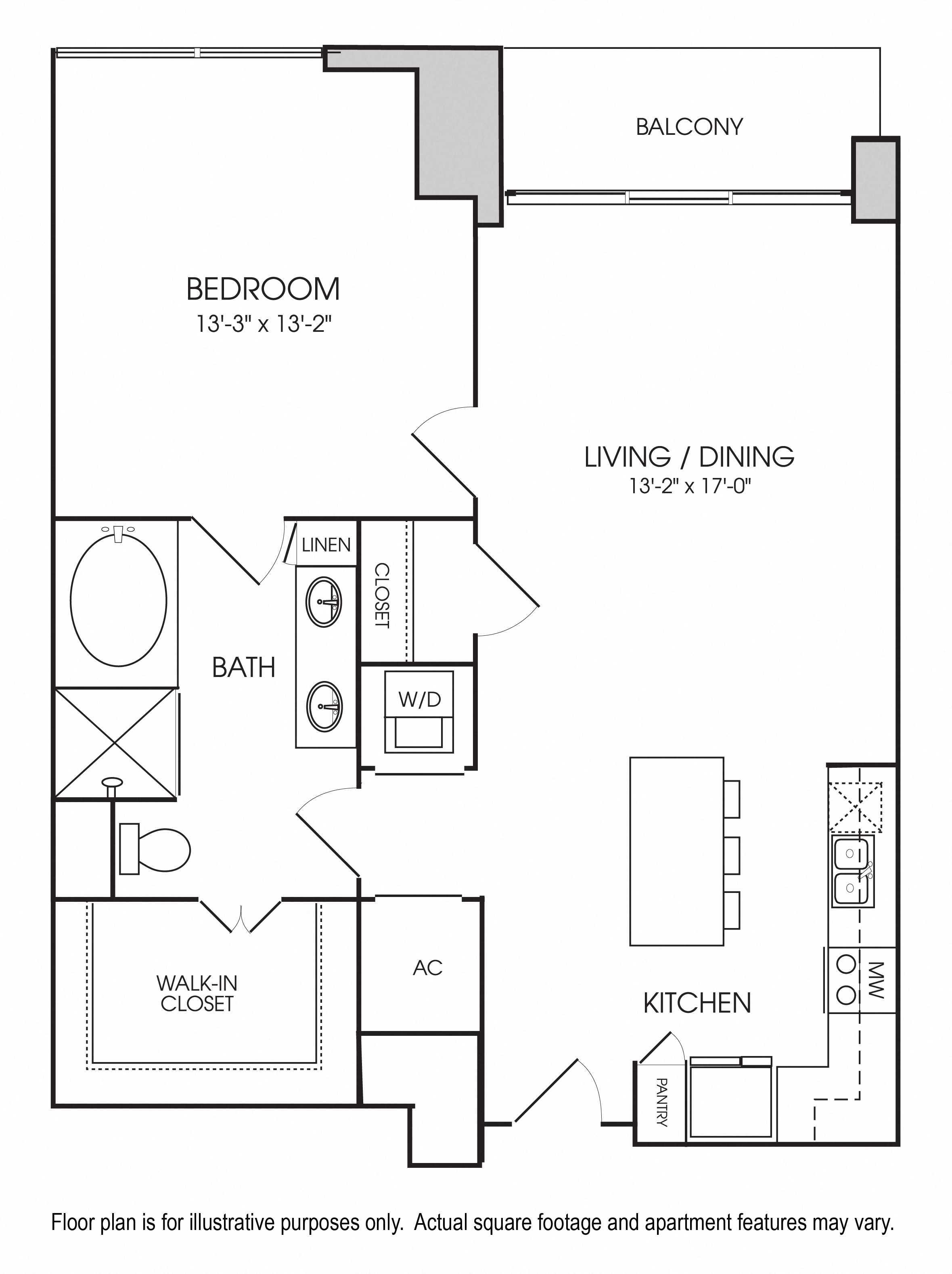 Floor plan for 1 bed, 1 bath, 955 sqft