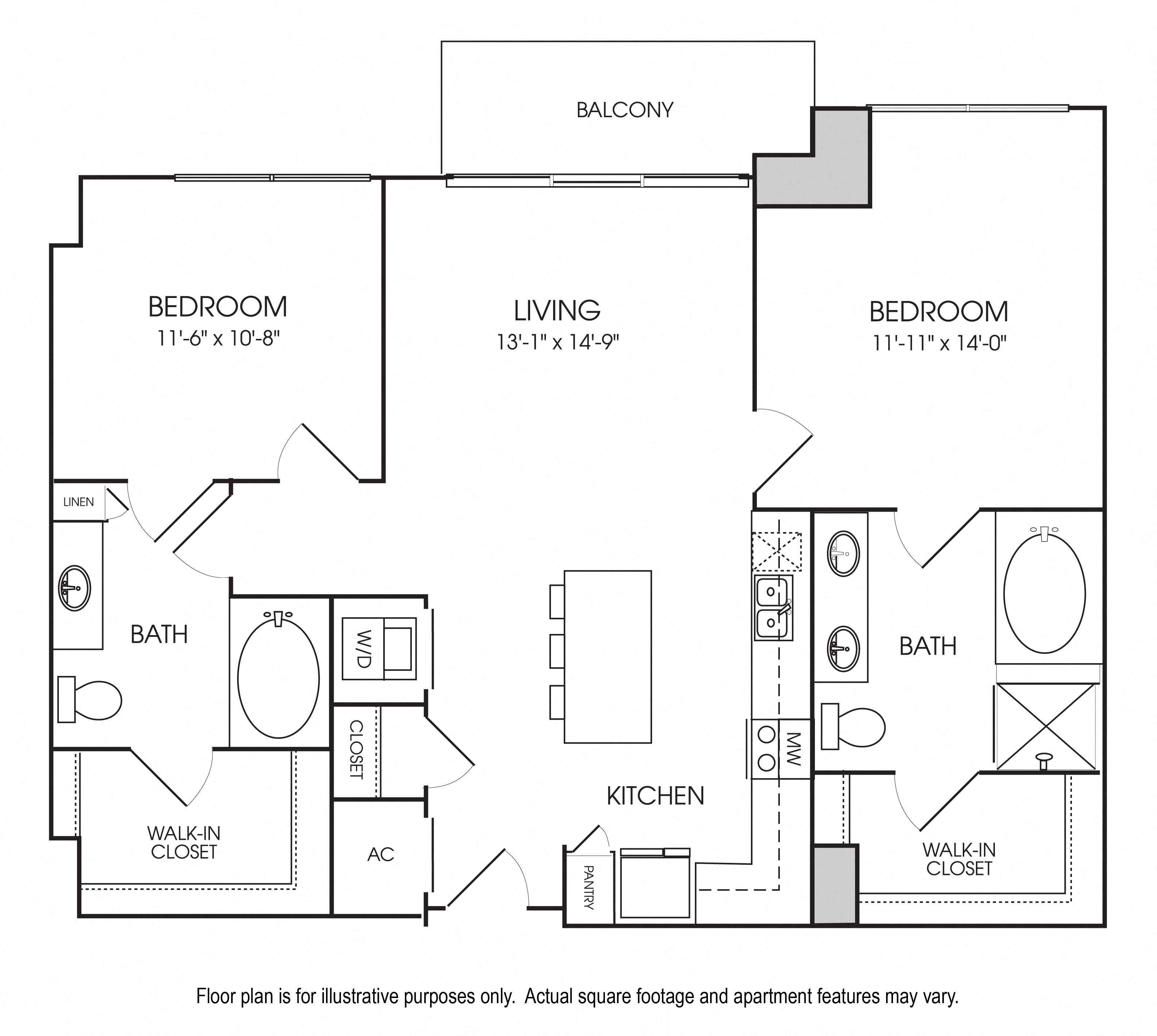 Floor plan for 2 beds, 2 baths, 1121 sqft