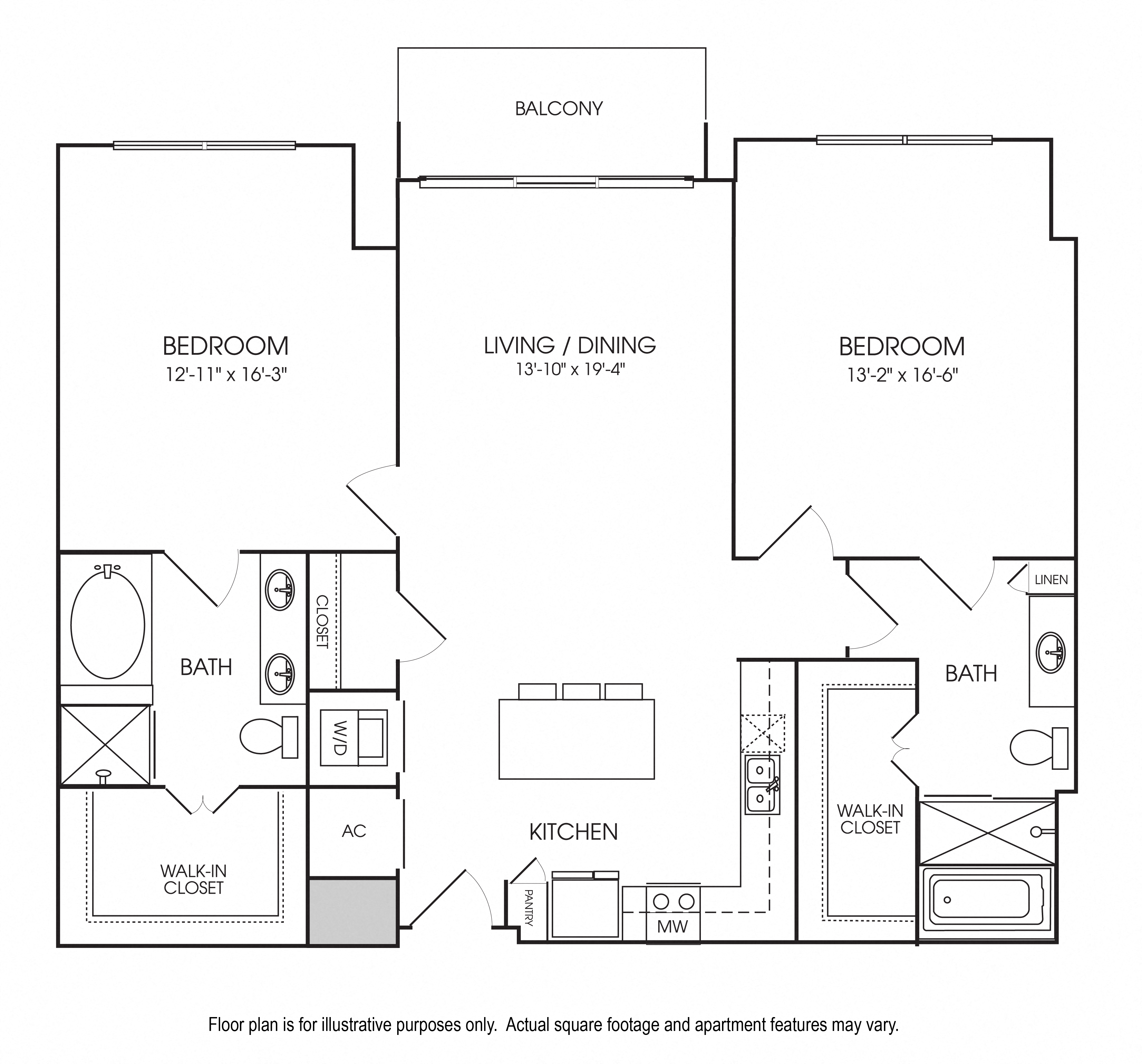 Floor plan for 2 beds, 2 baths, 1375 sqft