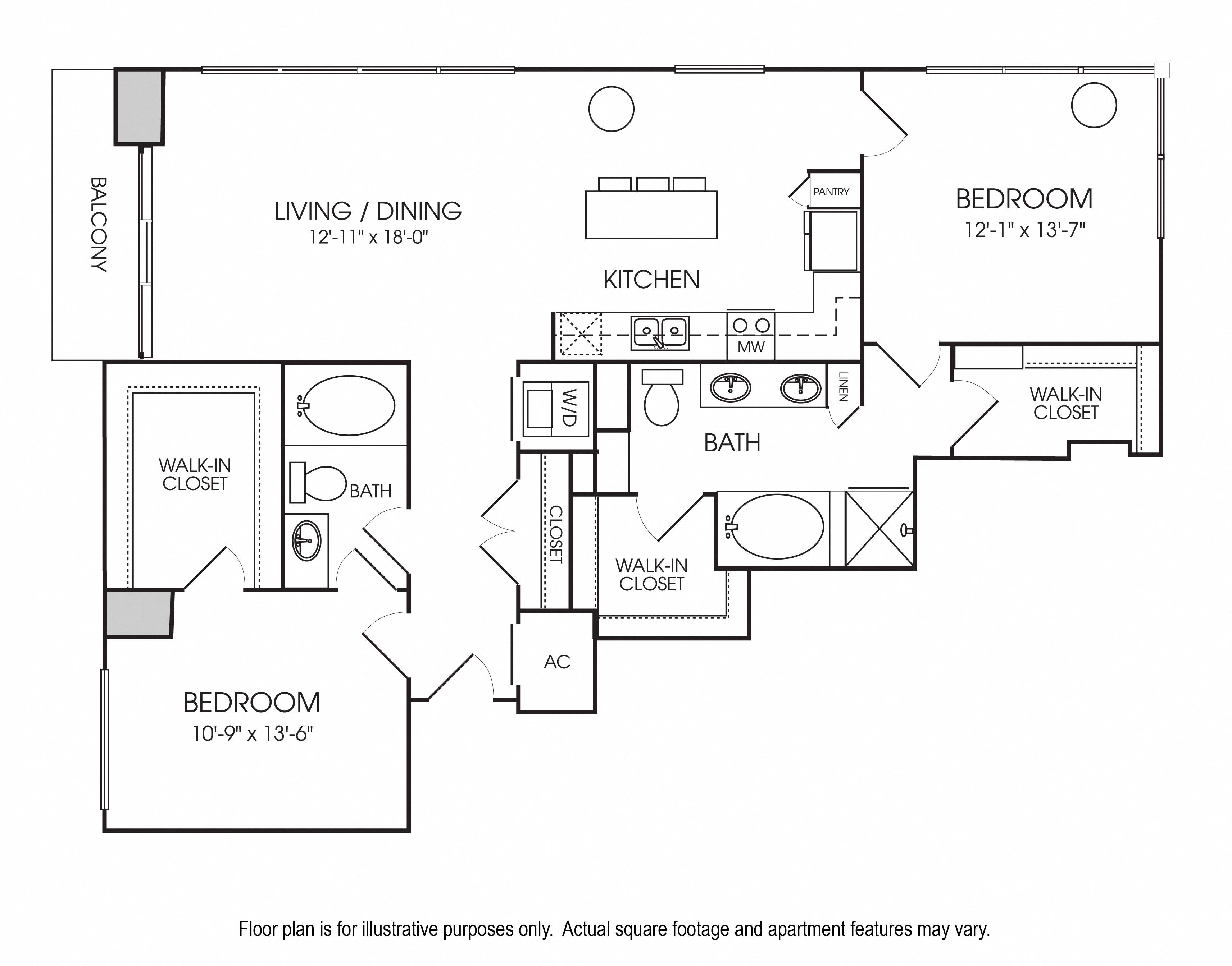 Floor plan for 2 beds, 2 baths, 1388 sqft