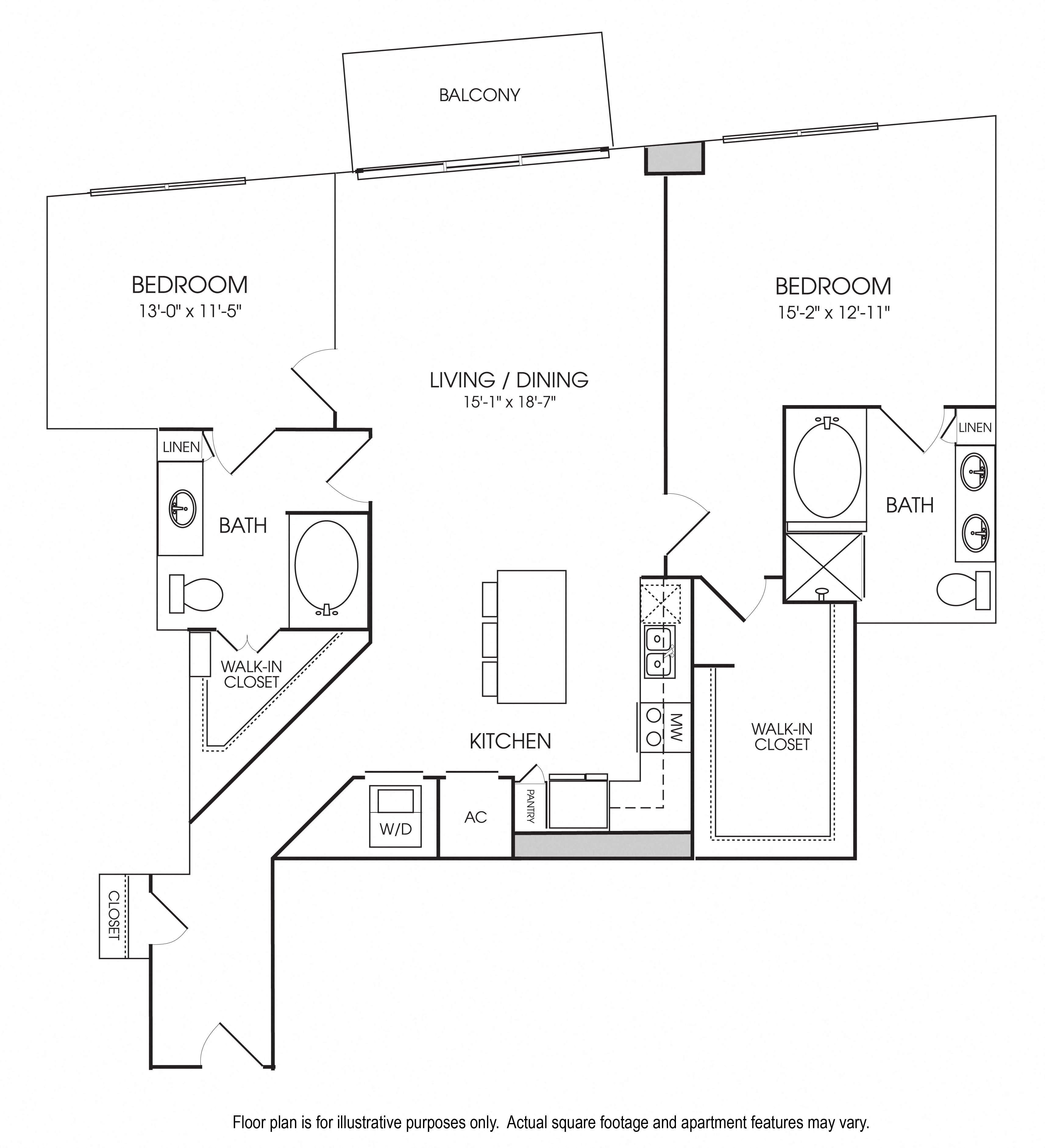 Floor plan for 2 beds, 2 baths, 1417 sqft