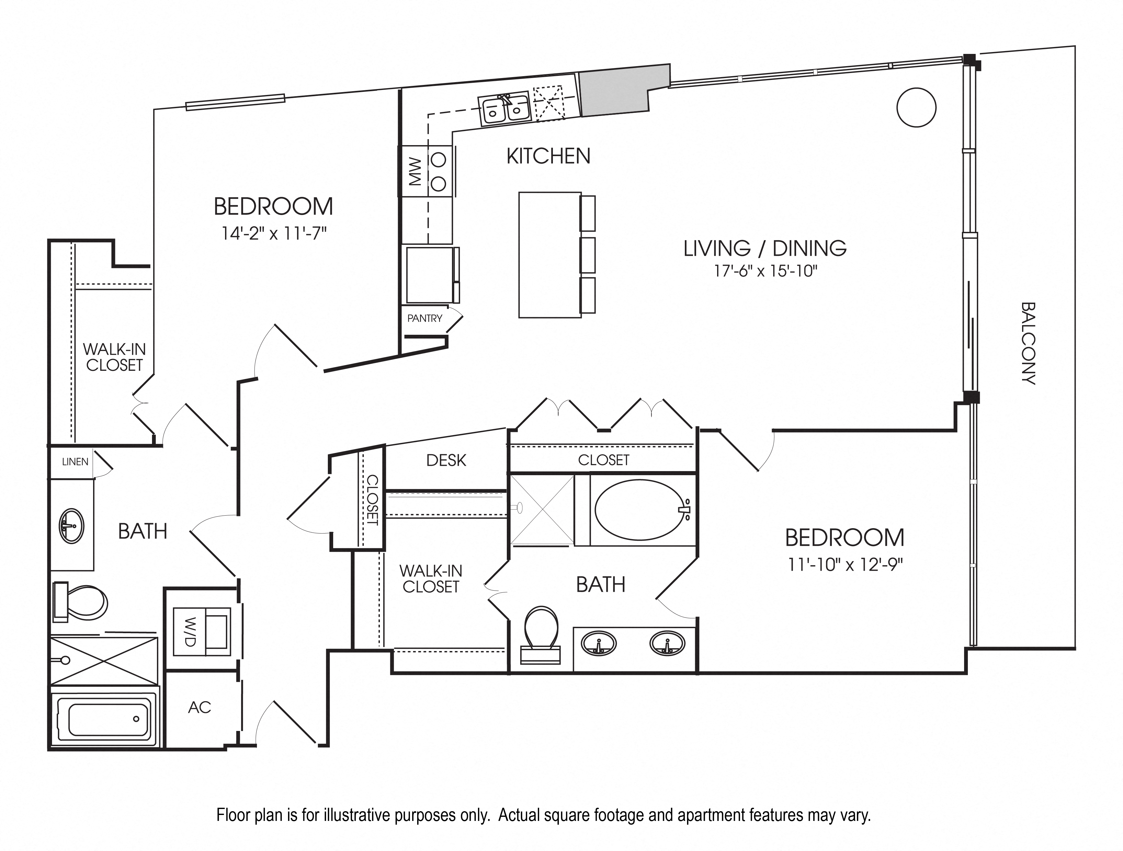 Floor plan for 2 beds, 2 baths, 1433 sqft