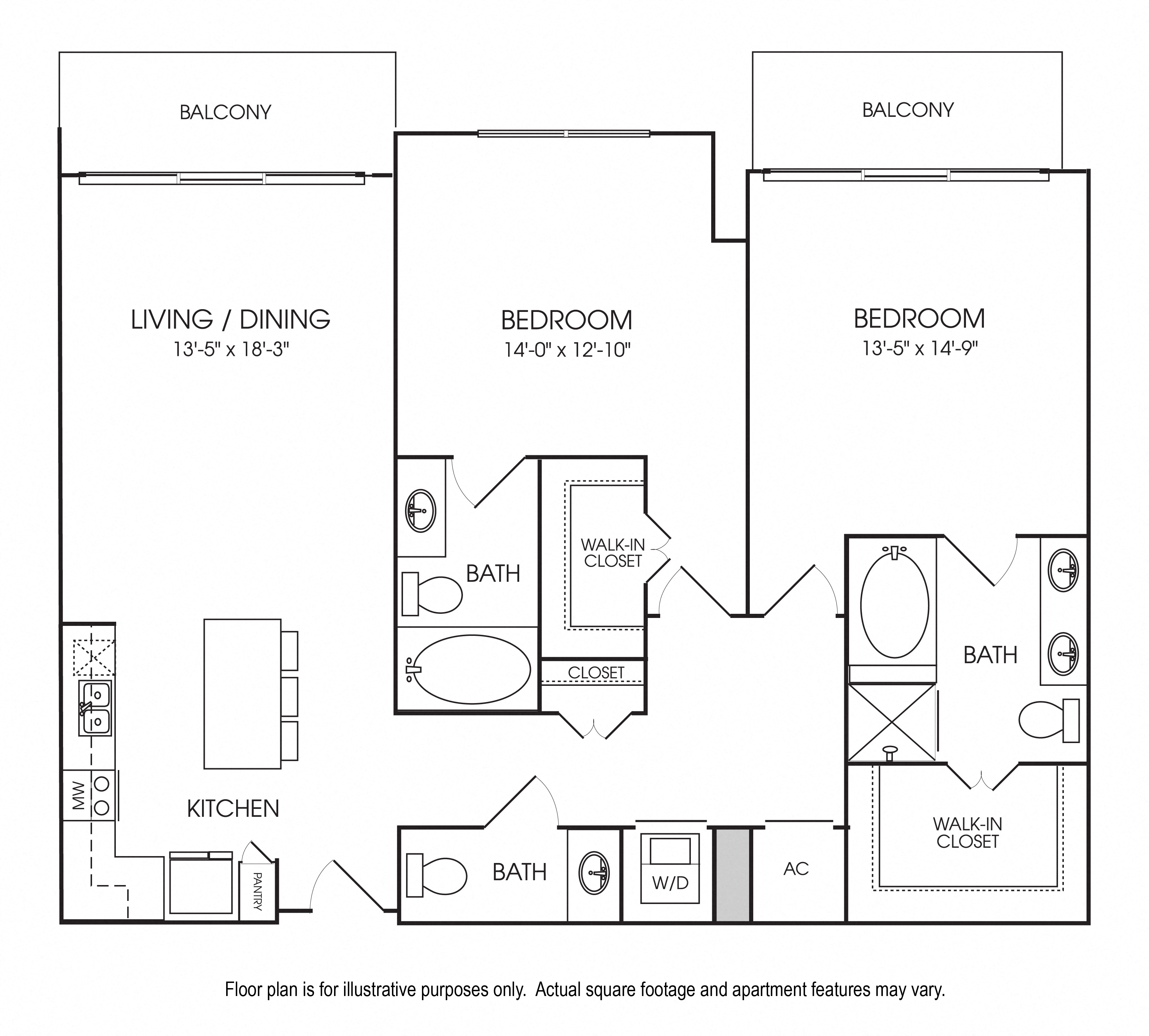 Floor plan for 2 beds, 2 baths, 1453 sqft