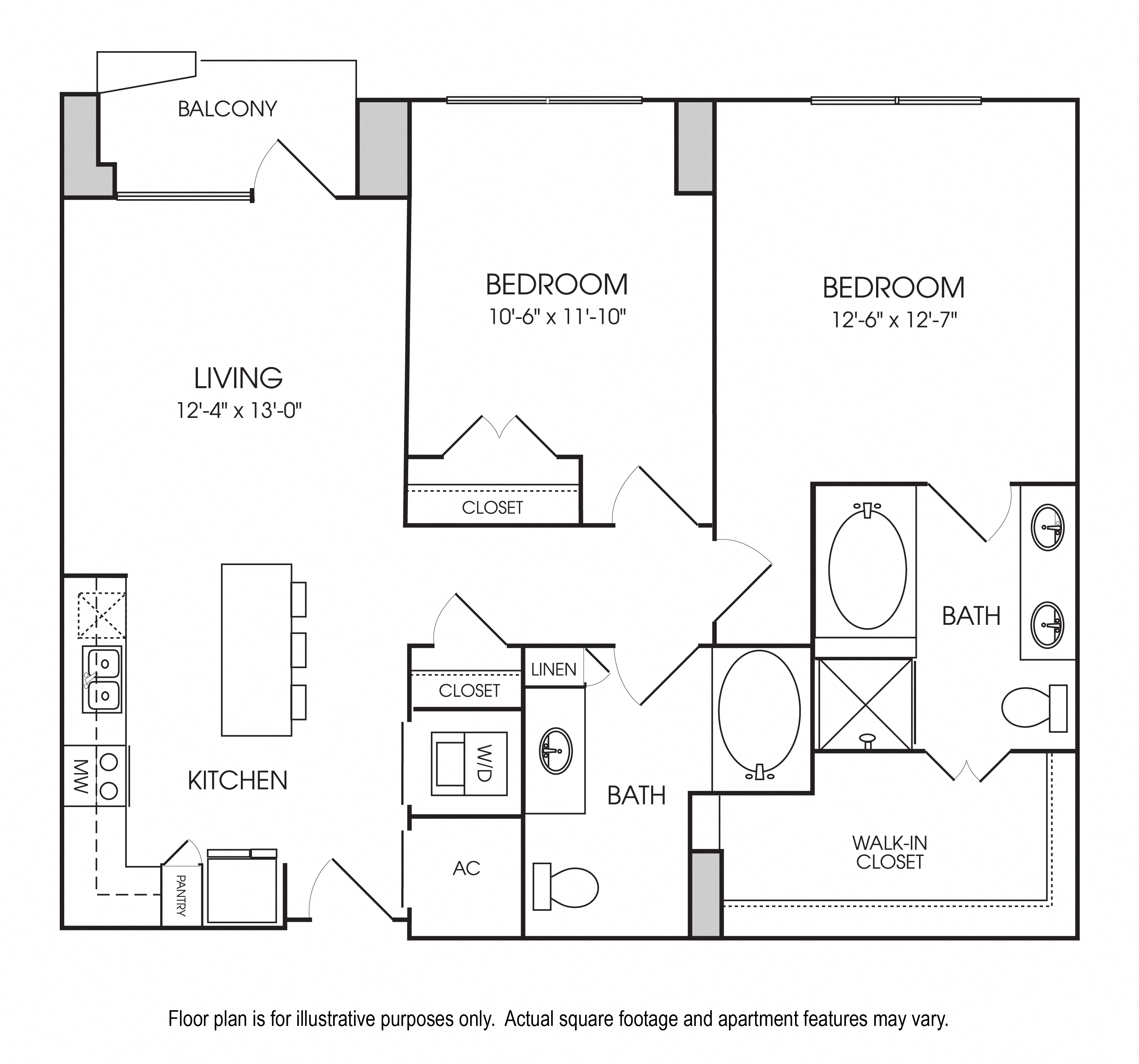 Floor plan for 2 beds, 2 baths, 1125 sqft
