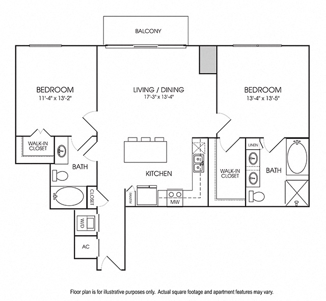 Floor plan for 2 beds, 2 baths, 1156 sqft