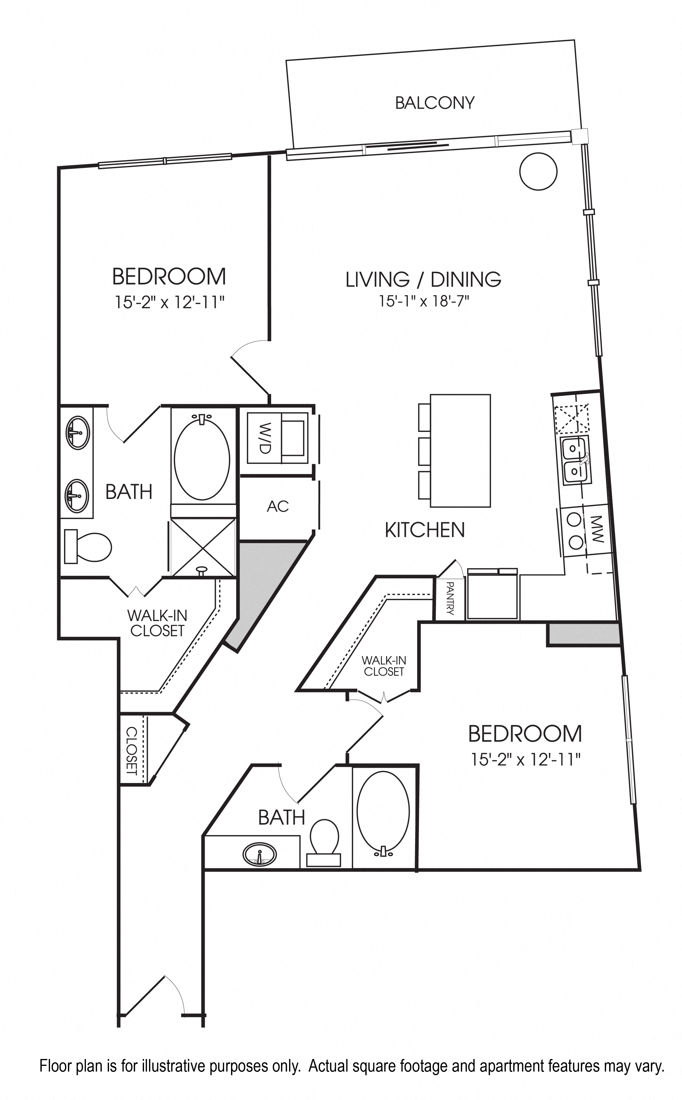 Floor plan for 2 beds, 2 baths, 1275 sqft
