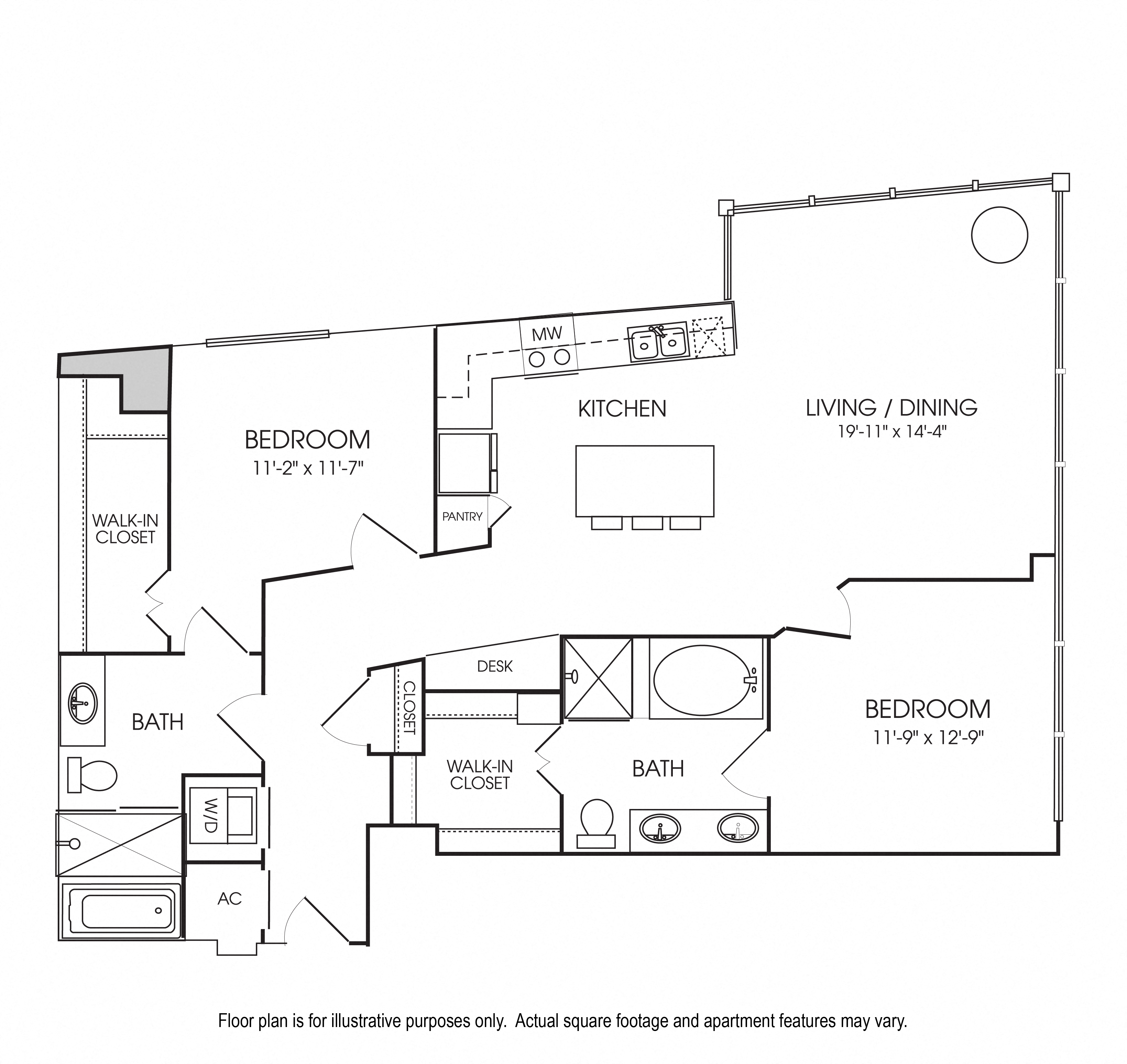 Floor plan for 2 beds, 2 baths, 1301 sqft