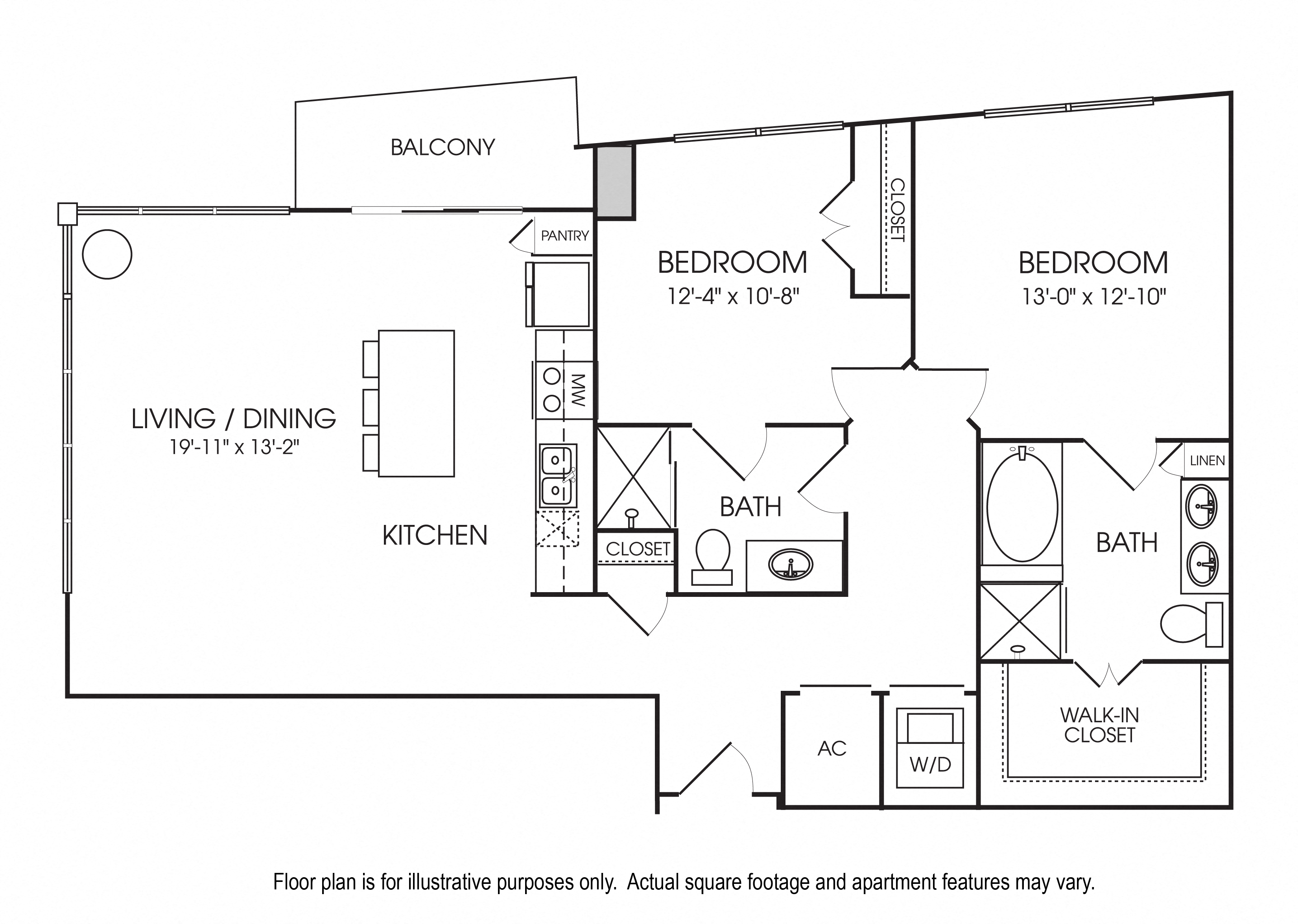Floor plan for 2 beds, 2 baths, 1316 sqft