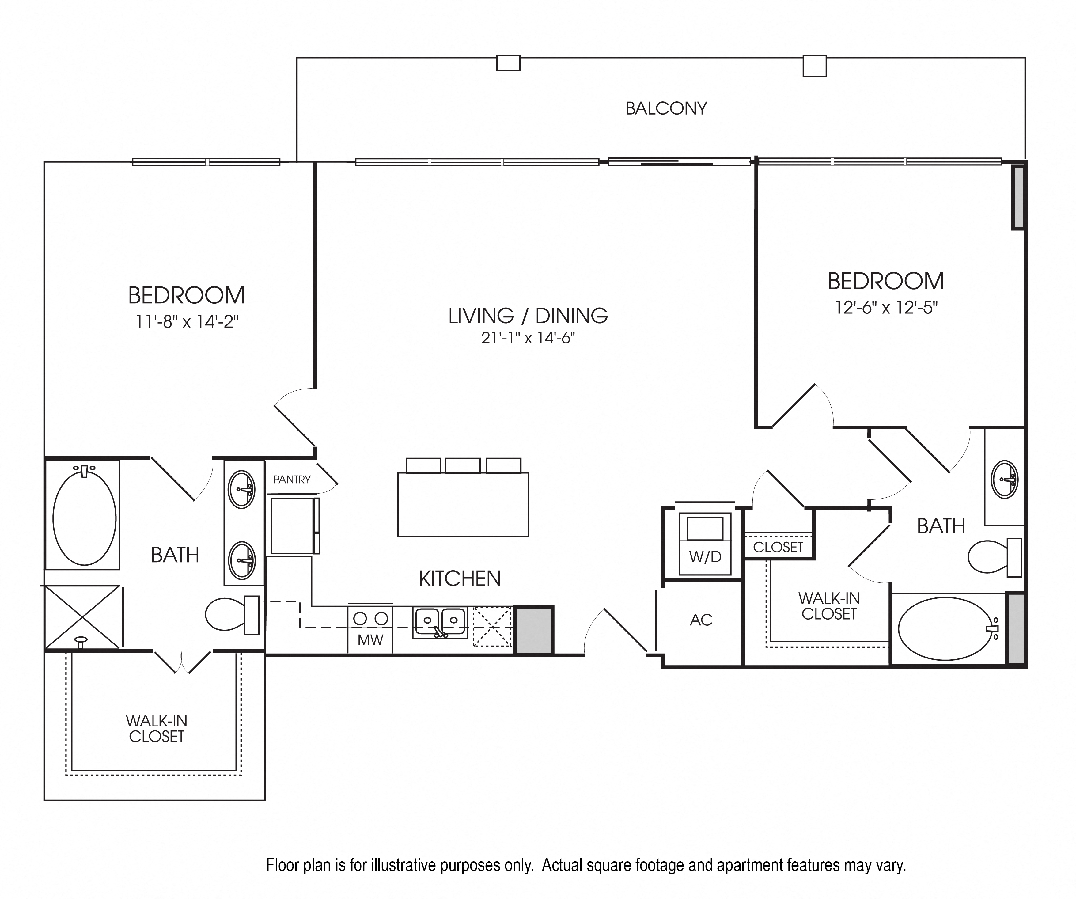 Floor plan for 2 beds, 2 baths, 1334 sqft