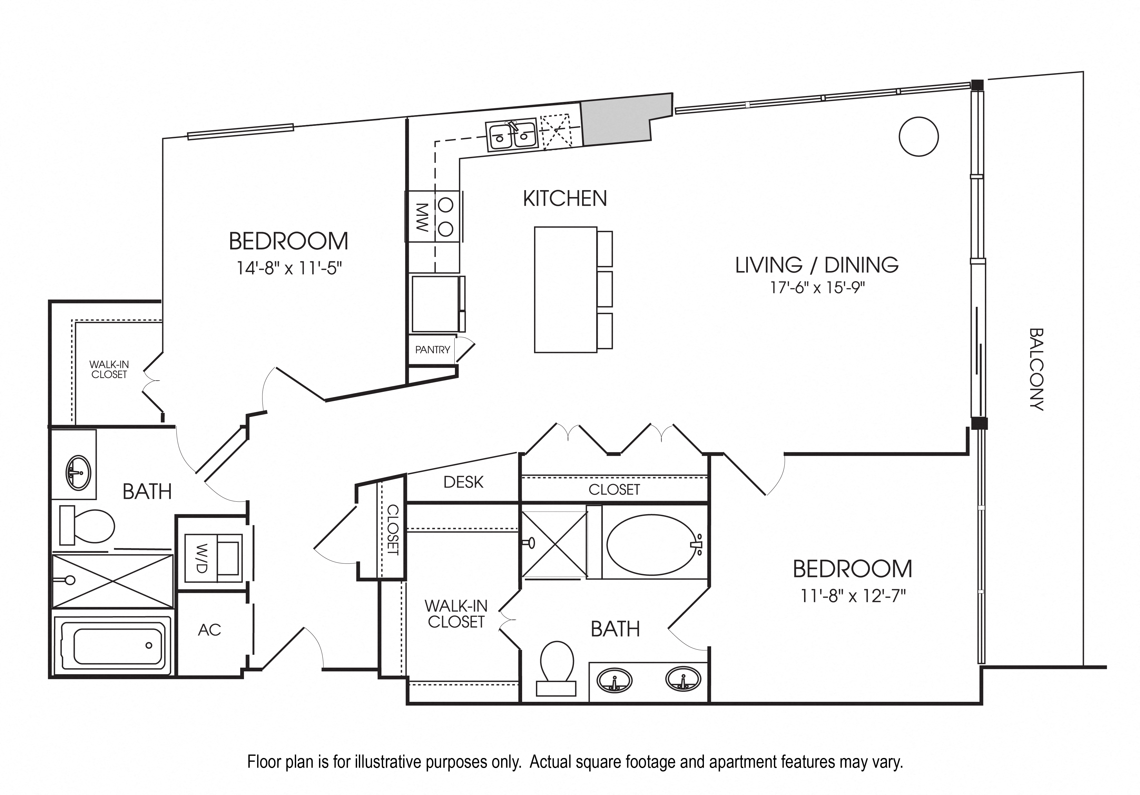 Floor plan for 2 beds, 2 baths, 1357 sqft