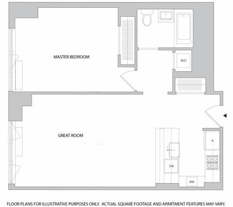 Floor plan for 1 bed, 1 bath, 727 sqft