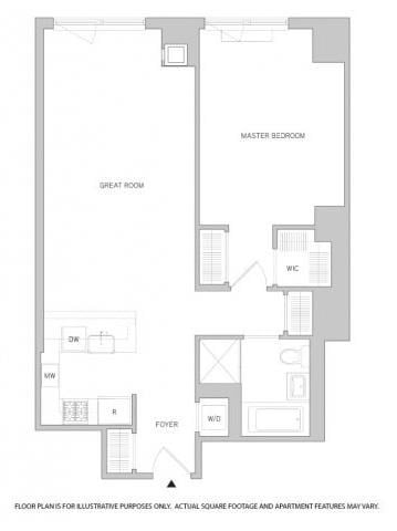 Floor plan for 1 bed, 1 bath, 808 sqft
