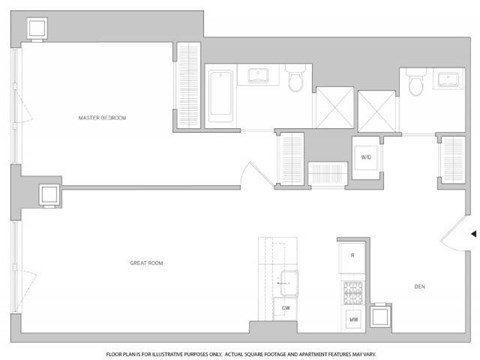 Floor plan for 1 bed, 1 bath, 976 sqft
