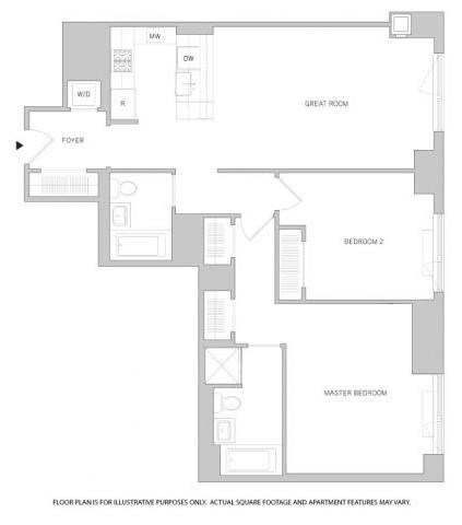 Floor plan for 2 beds, 2 baths, 1067 sqft
