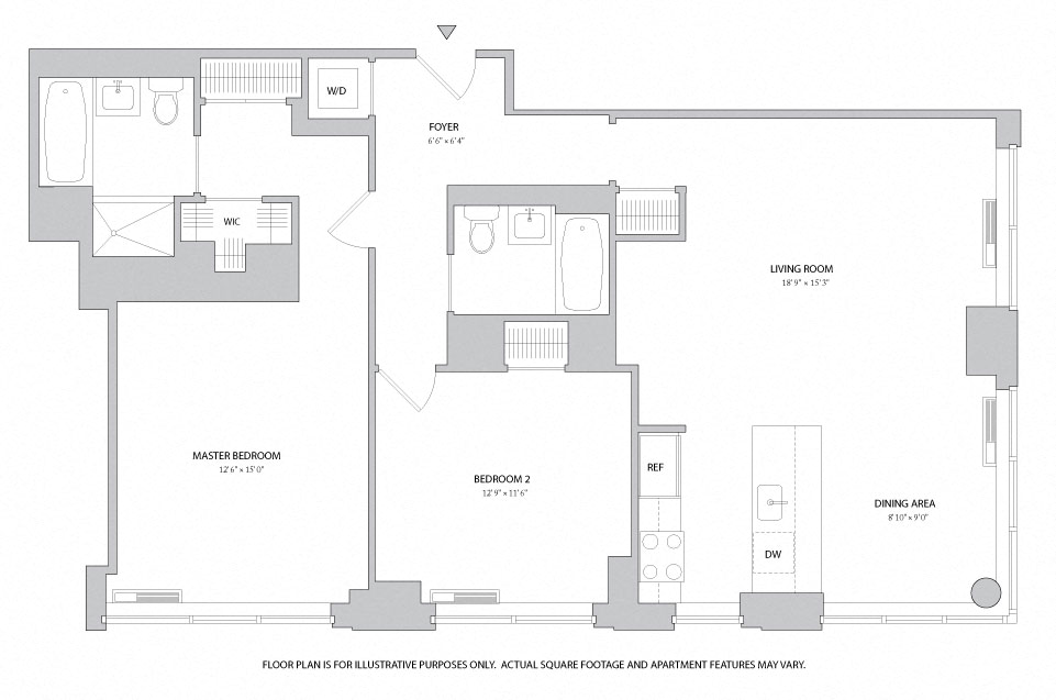 Floor plan for 2 beds, 2 baths, 1221 sqft